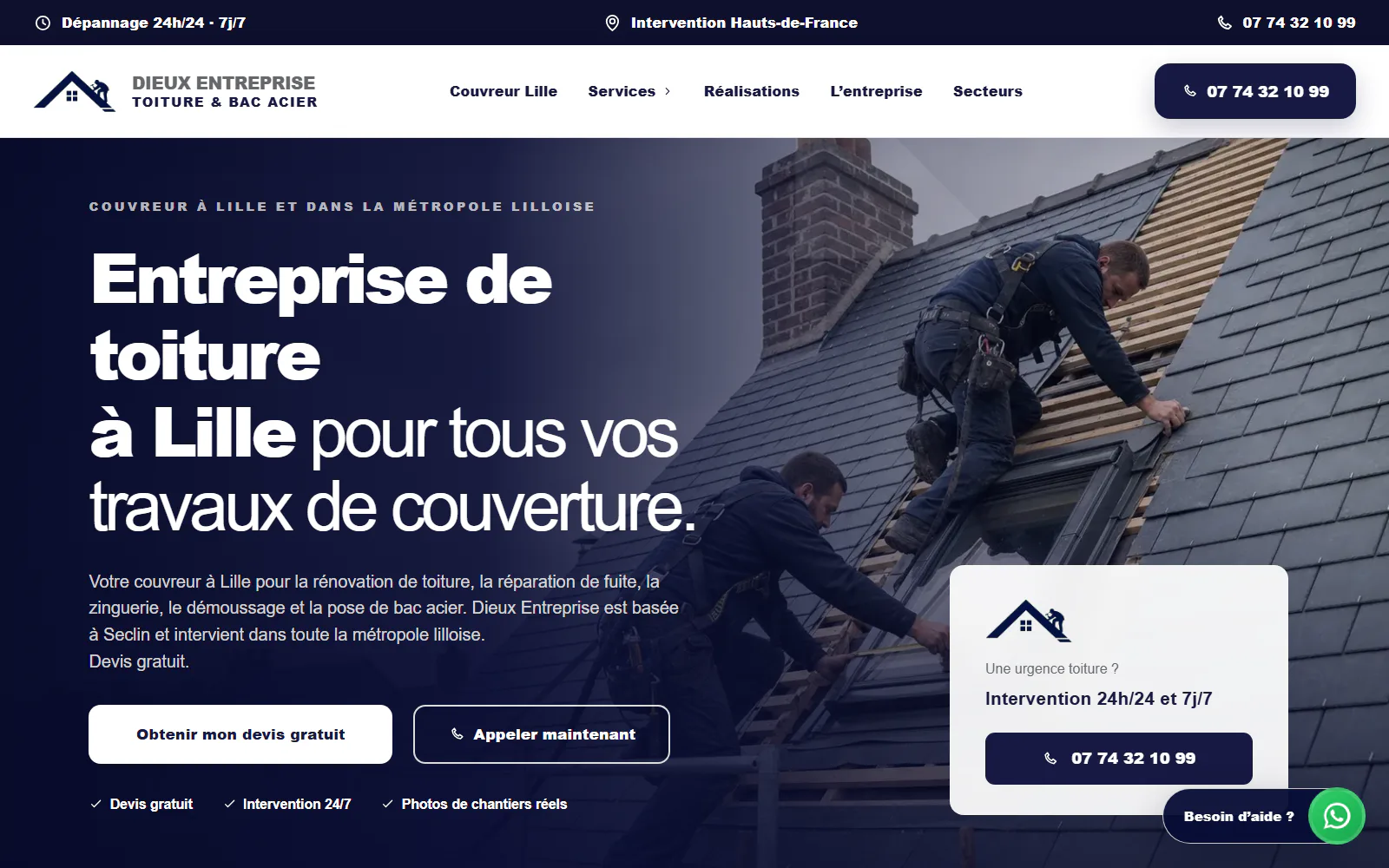 Capture d’écran réelle du site Toiture du Nord